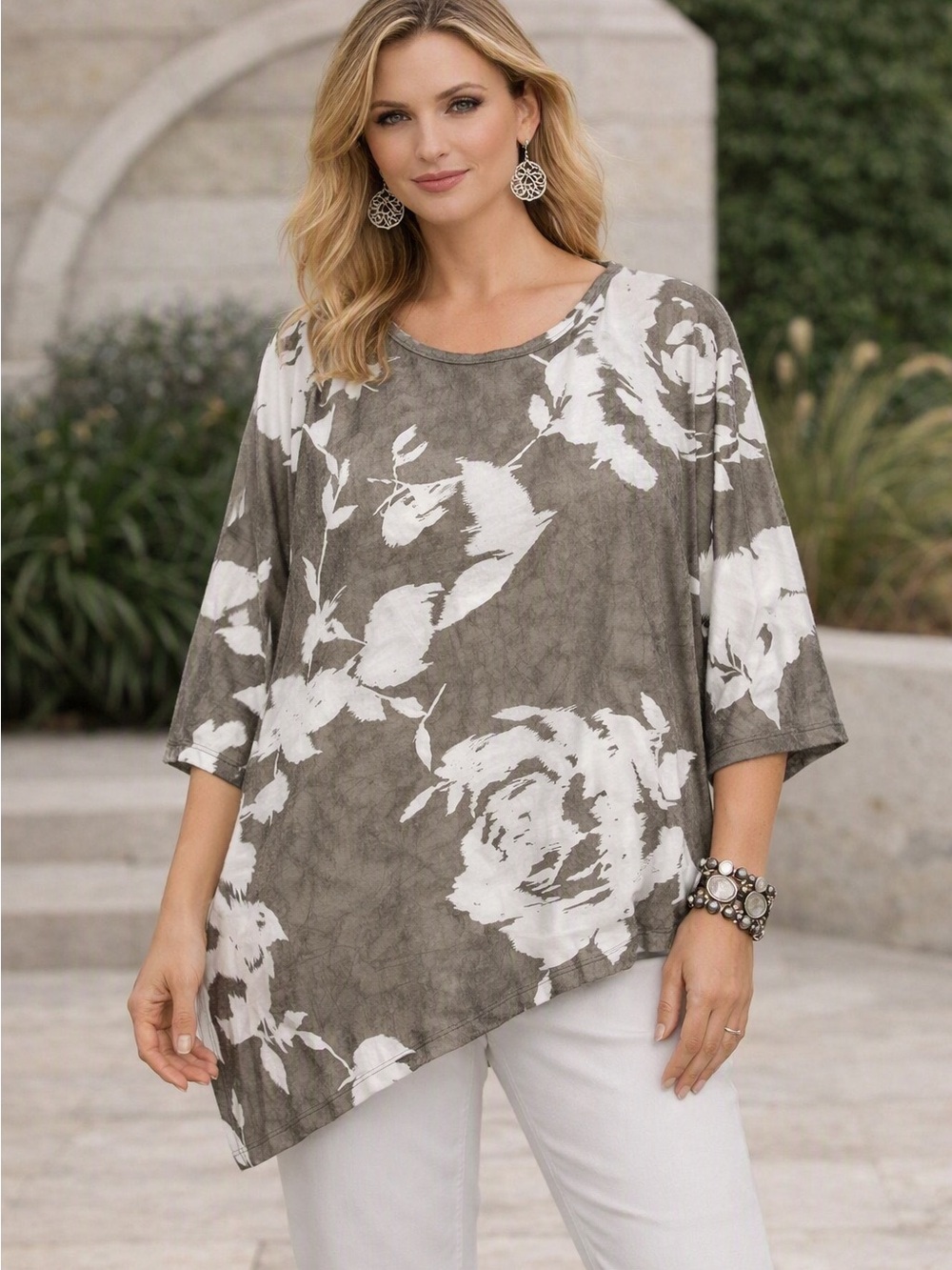 Clara Sun Woo Floral Asymmetrical Tunic Top Sz XL Taupe Lagenlook Relaxed Art